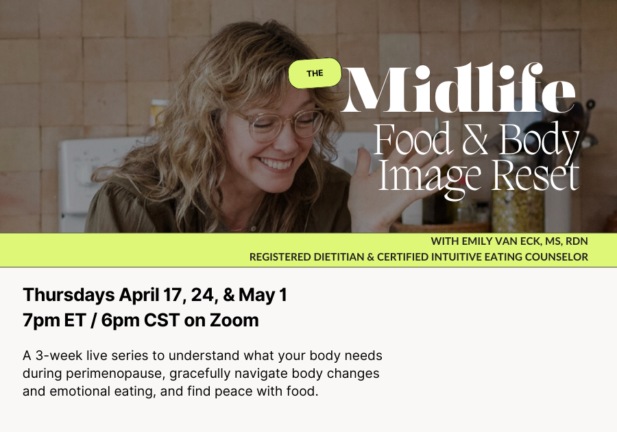 Emily sitting in a chair grinning at the camera. The banner says "midlife food & body image reset: nutrition strategies for perimenopause and beyond"